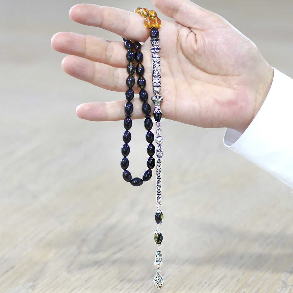 925 Ayar Gümüş Kral Püsküllü Nakkaş İmameli Cevşen Tasarım Süzme Sarı Siyah Ateş Kehribar Tesbih - 4