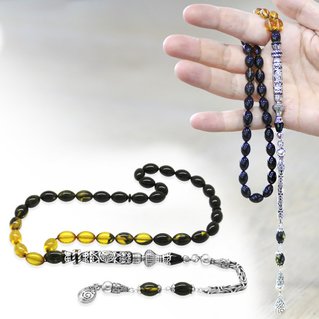 925 Ayar Gümüş Kral Püsküllü Nakkaş İmameli Cevşen Tasarım Süzme Sarı Siyah Ateş Kehribar Tesbih - Tesbihane