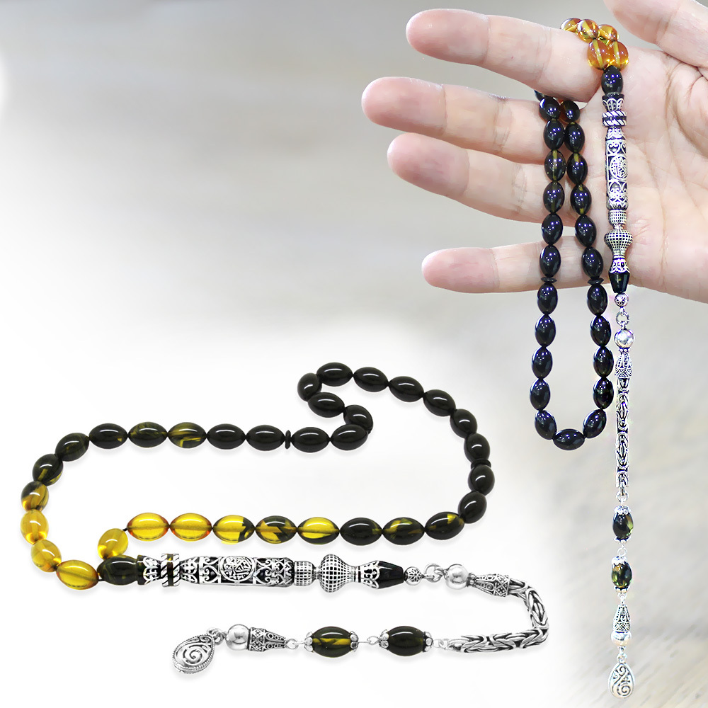 925 Ayar Gümüş Kral Püsküllü Nakkaş İmameli Cevşen Tasarım Süzme Sarı Siyah Ateş Kehribar Tesbih - 1