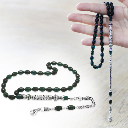 925 Ayar Gümüş Kral Püsküllü Nakkaş İmameli Cevşen Tasarım Turkuaz Ateş Kehribar Tesbih - Tesbihane