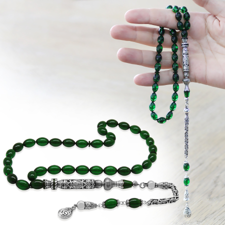 925 Ayar Gümüş Kral Püsküllü Nakkaş İmameli Cevşen Tasarım Yeşil Ateş Kehribar Tesbih - Tesbihane