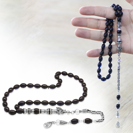 925 Ayar Gümüş Kral Püsküllü Nakkaş İmameli Kurt Başı Tasarım Lacivert Sıkma Kehribar Tesbih - Tesbihane