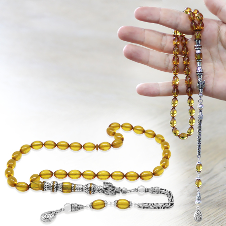 925 Ayar Gümüş Kral Püsküllü Nakkaş İmameli Kurt Başı Tasarım Sarı Ateş Kehribar Tesbih - Tesbihane