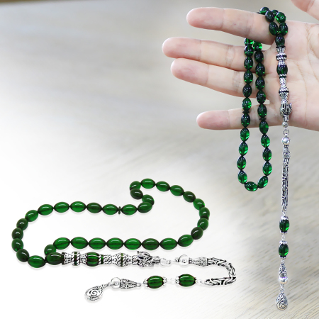 925 Ayar Gümüş Kral Püsküllü Nakkaş İmameli Kurt Başı Tasarım Yeşil Ateş Kehribar Tesbih - Tesbihane