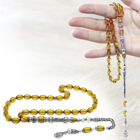 925 Ayar Gümüş Kral Püsküllü Nakkaş İmameli Lale Tasarım Sarı Ateş Kehribar Tesbih - Tesbihane