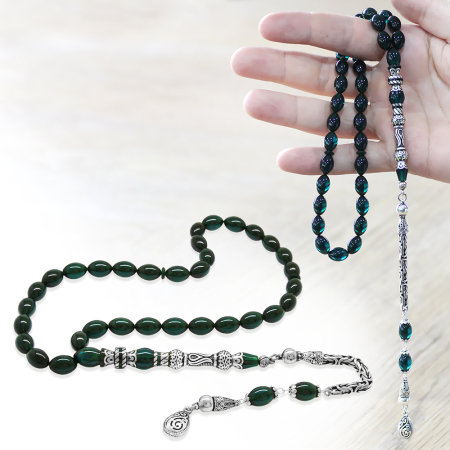 925 Ayar Gümüş Kral Püsküllü Nakkaş İmameli Lale Tasarım Turkuaz Ateş Kehribar Tesbih - Tesbihane