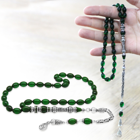 925 Ayar Gümüş Kral Püsküllü Nakkaş İmameli Lale Tasarım Yeşil Ateş Kehribar Tesbih - Tesbihane