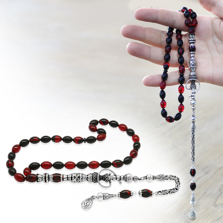 925 Ayar Gümüş Kral Püsküllü Nakkaş İmameli Nargile Tasarım Kırmızı Siyah Ateş Kehribar Tesbih - Tesbihane