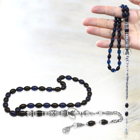 925 Ayar Gümüş Kral Püsküllü Nakkaş İmameli Nargile Tasarım Mavi Siyah Sıkma Kehribar Tesbih - Tesbihane