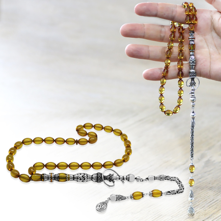 925 Ayar Gümüş Kral Püsküllü Nakkaş İmameli Nargile Tasarım Sarı Ateş Kehribar Tesbih - Tesbihane