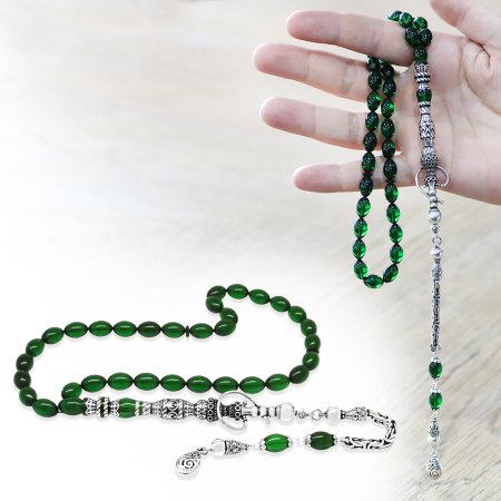 925 Ayar Gümüş Kral Püsküllü Nakkaş İmameli Nargile Tasarım Yeşil Ateş Kehribar Tesbih - Tesbihane