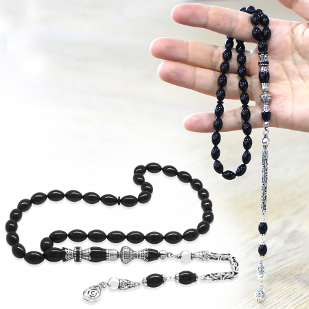 925 Ayar Gümüş Kral Püsküllü Nakkaş İmameli Siyah Sıkma Kehribar Tesbih - Tesbihane