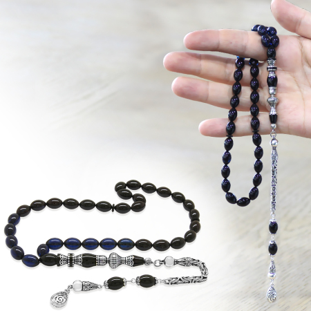 925 Ayar Gümüş Kral Püsküllü Nakkaş İmameli Süzme Mavi Siyah Sıkma Kehribar Tesbih - Tesbihane
