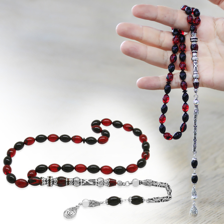 925 Ayar Gümüş Kral Püsküllü Nakkaş İmameli Zülfikar Tasarım Kırmızı Siyah Ateş Kehribar Tesbih - Tesbihane