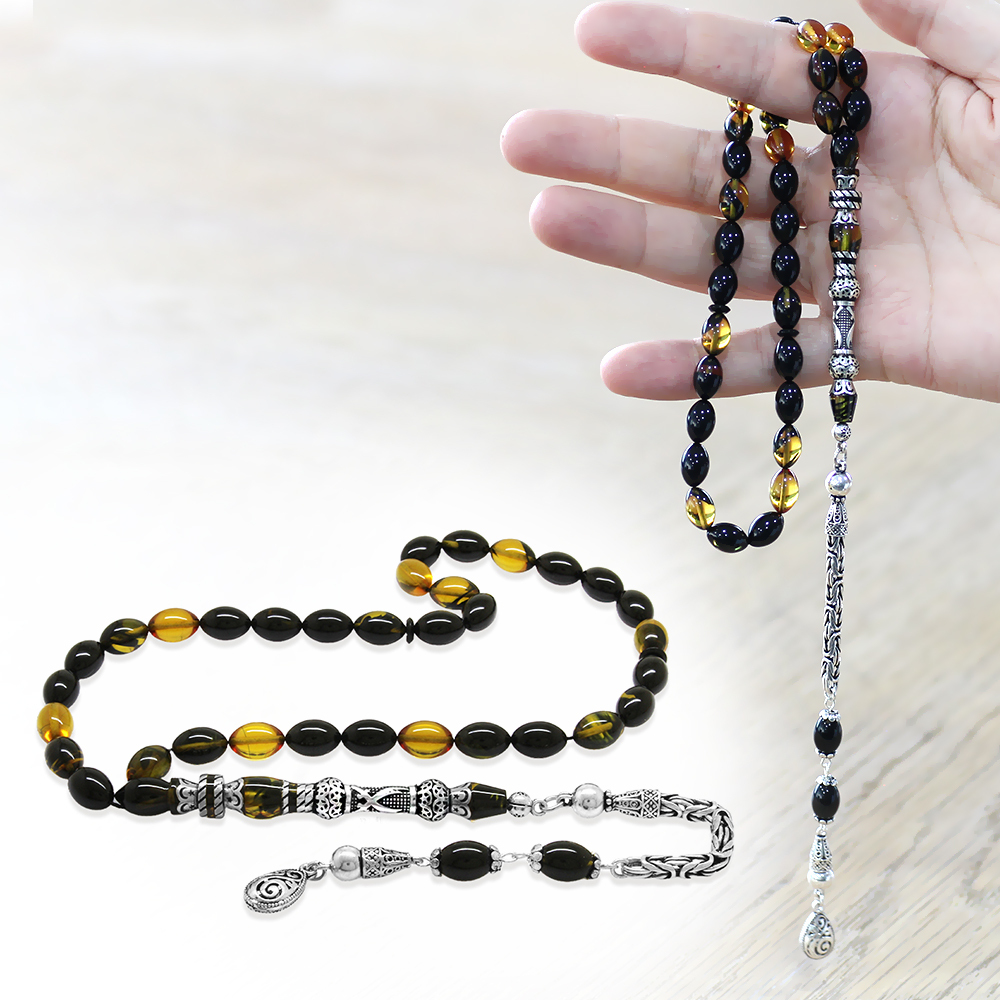 925 Ayar Gümüş Kral Püsküllü Nakkaş İmameli Zülfikar Tasarım Sarı Siyah Ateş Kehribar Tesbih - 1