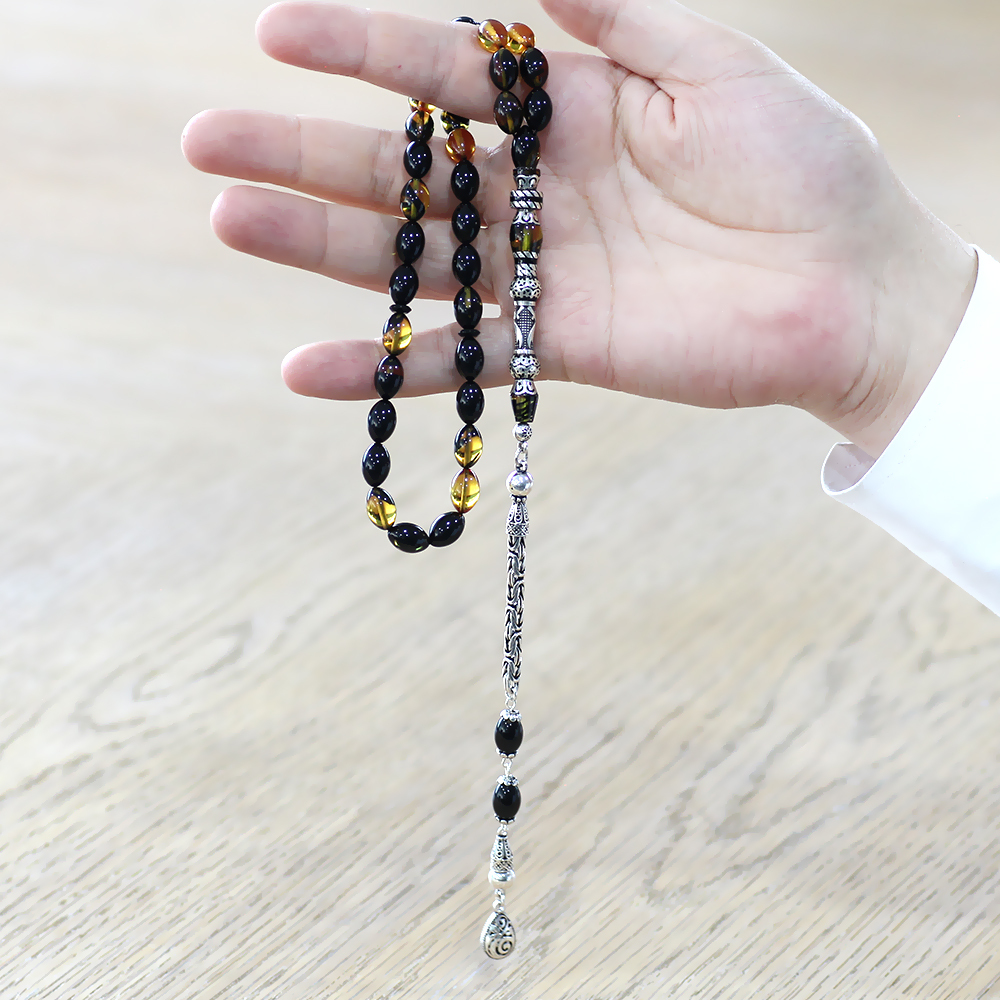 925 Ayar Gümüş Kral Püsküllü Nakkaş İmameli Zülfikar Tasarım Sarı Siyah Ateş Kehribar Tesbih - 3