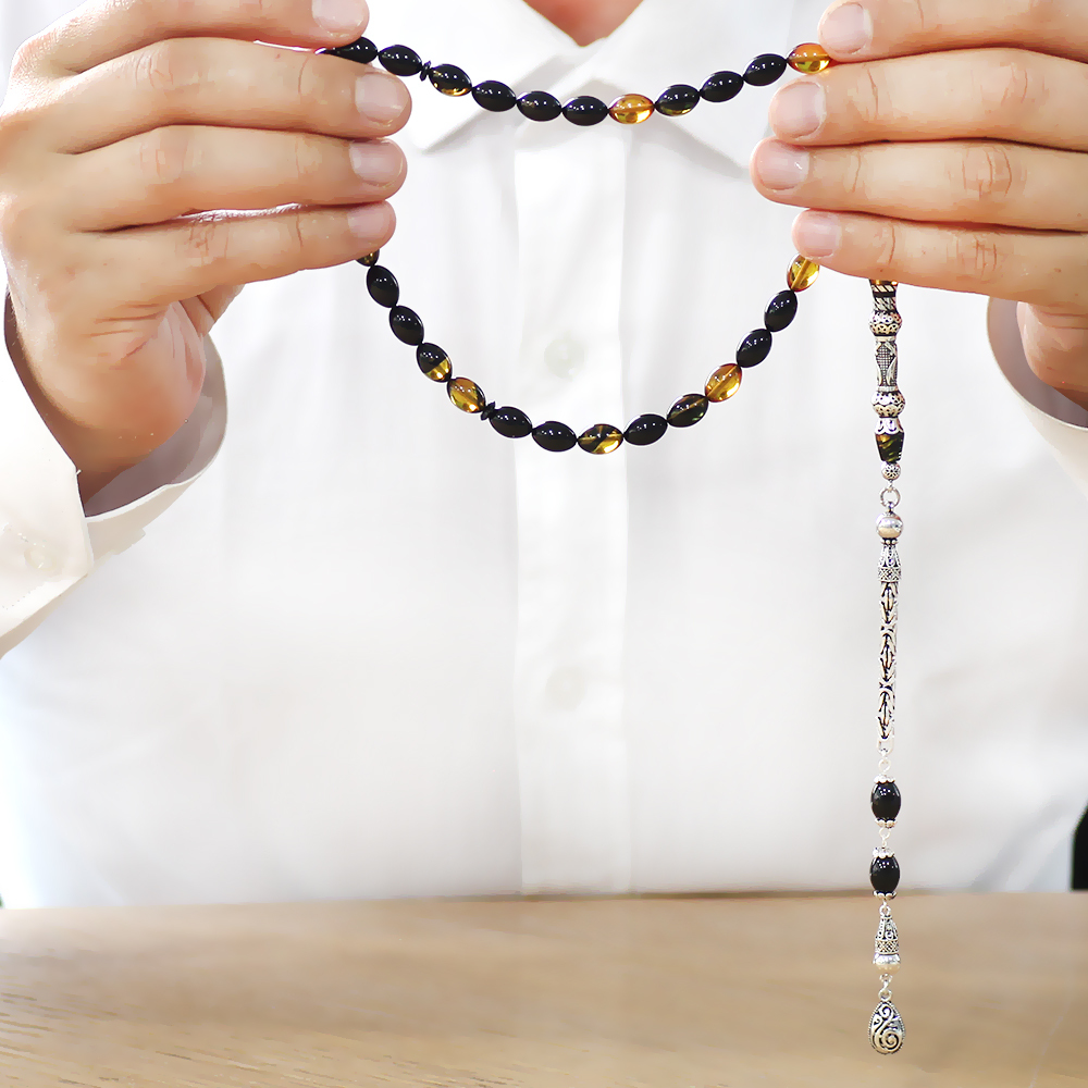 925 Ayar Gümüş Kral Püsküllü Nakkaş İmameli Zülfikar Tasarım Sarı Siyah Ateş Kehribar Tesbih - 2