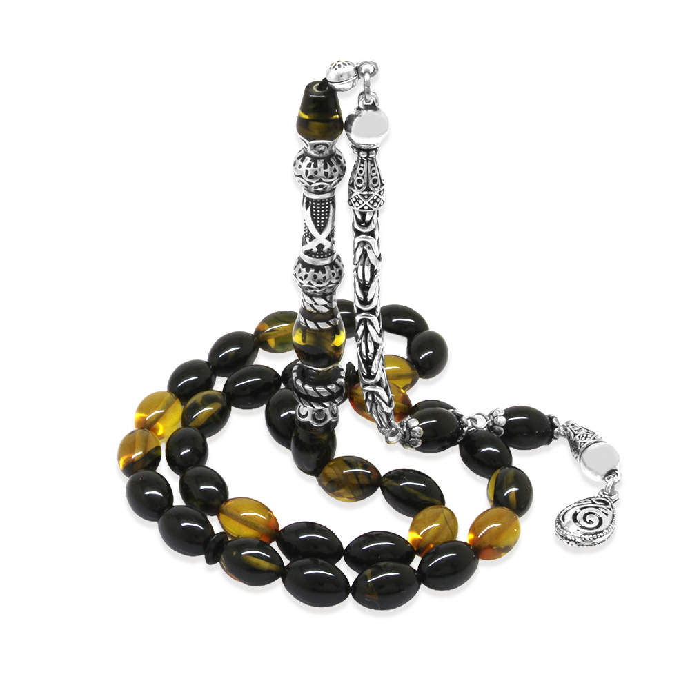 925 Ayar Gümüş Kral Püsküllü Nakkaş İmameli Zülfikar Tasarım Sarı Siyah Ateş Kehribar Tesbih - 5