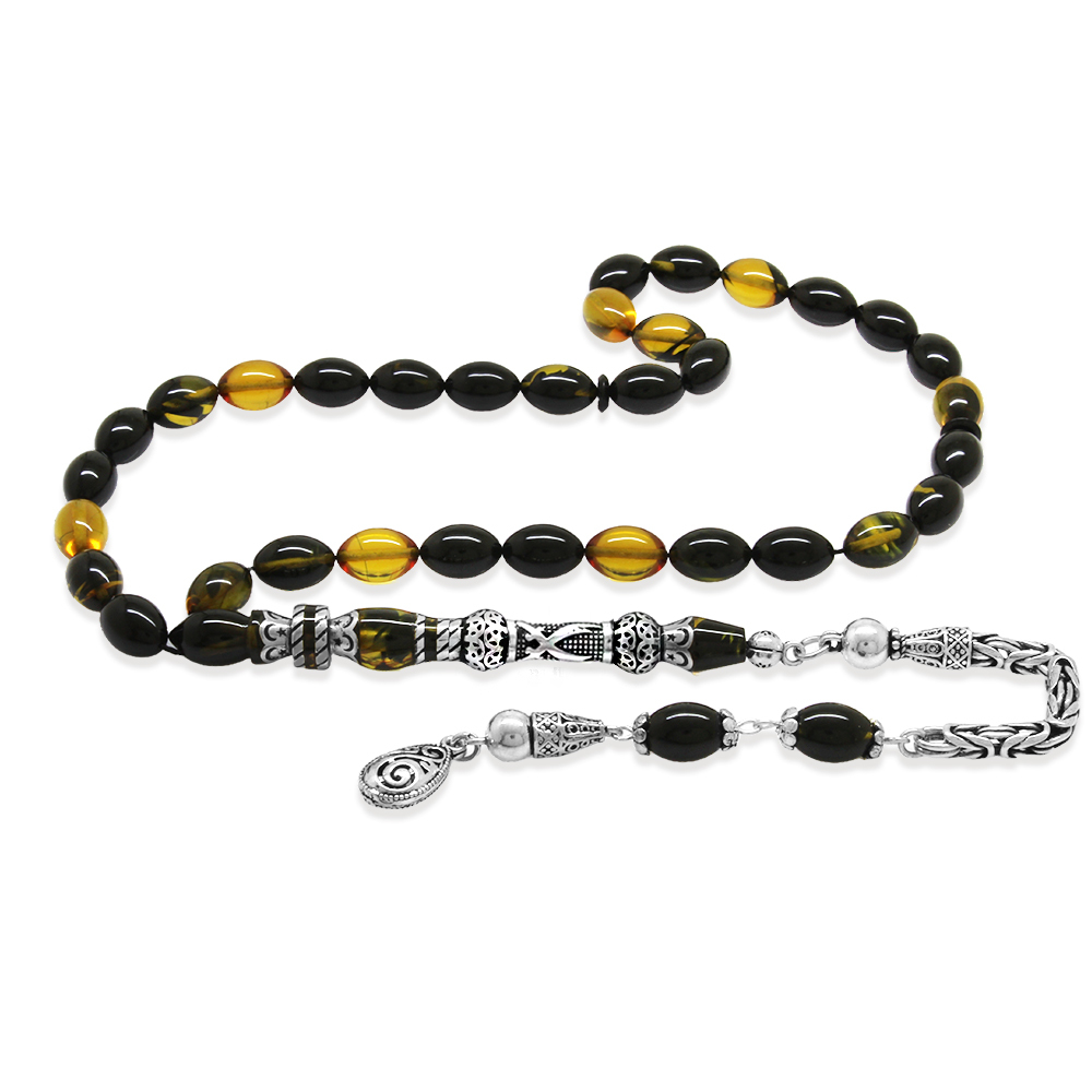 925 Ayar Gümüş Kral Püsküllü Nakkaş İmameli Zülfikar Tasarım Sarı Siyah Ateş Kehribar Tesbih - 4