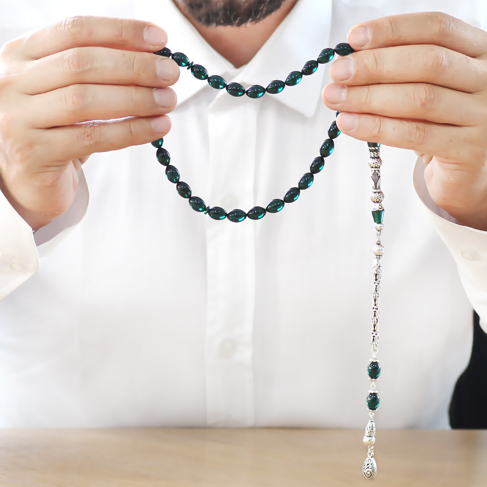 925 Ayar Gümüş Kral Püsküllü Nakkaş İmameli Zülfikar Tasarım Turkuaz Ateş Kehribar Tesbih - 2