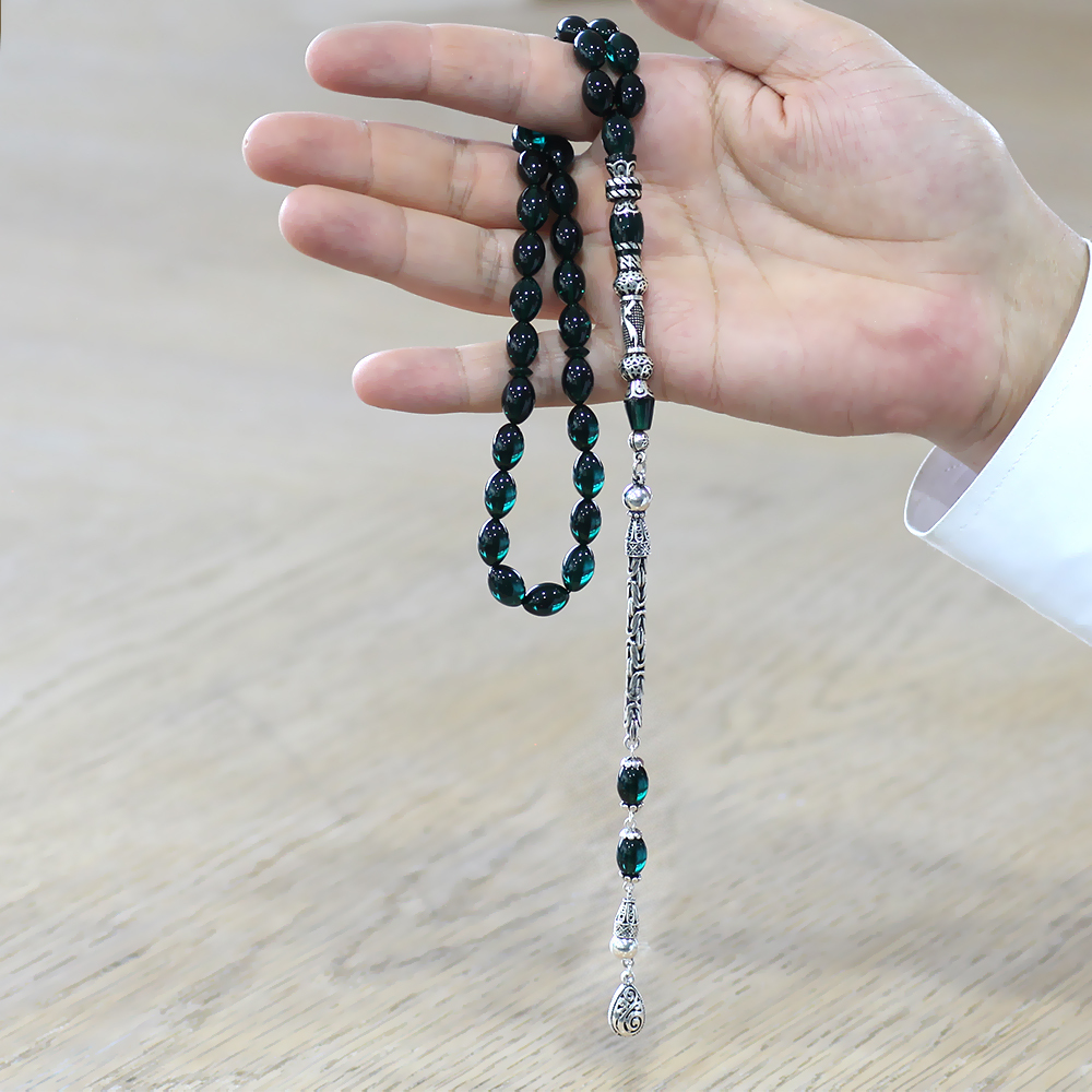 925 Ayar Gümüş Kral Püsküllü Nakkaş İmameli Zülfikar Tasarım Turkuaz Ateş Kehribar Tesbih - 3