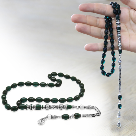 925 Ayar Gümüş Kral Püsküllü Nakkaş İmameli Zülfikar Tasarım Turkuaz Ateş Kehribar Tesbih - Tesbihane