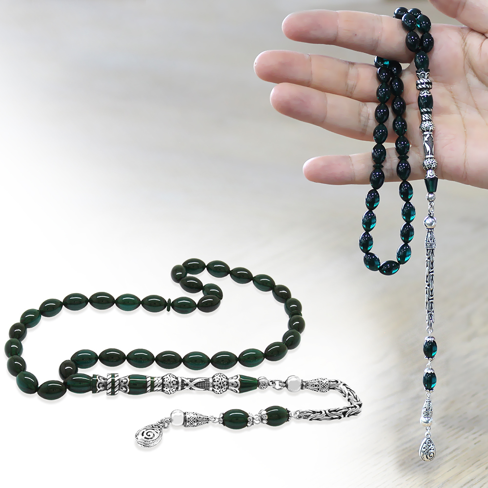 925 Ayar Gümüş Kral Püsküllü Nakkaş İmameli Zülfikar Tasarım Turkuaz Ateş Kehribar Tesbih - 1