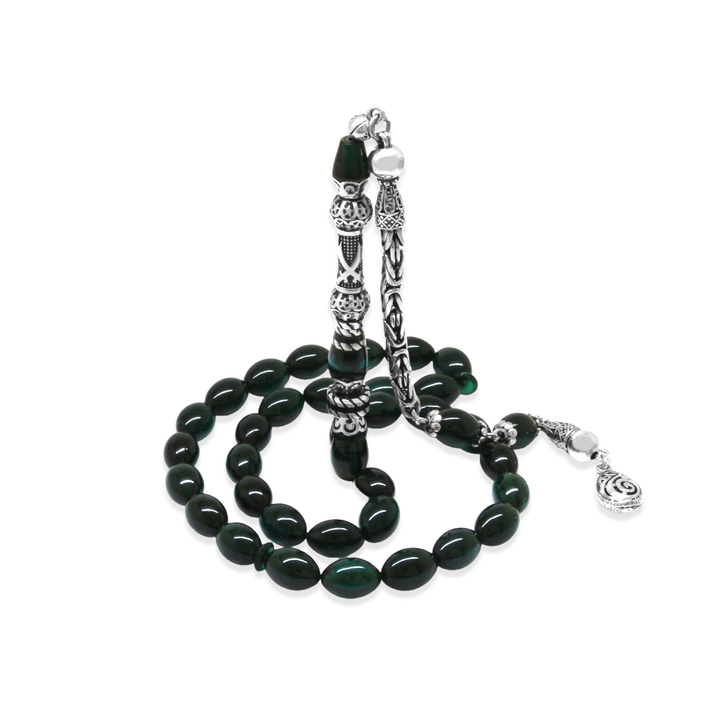 925 Ayar Gümüş Kral Püsküllü Nakkaş İmameli Zülfikar Tasarım Turkuaz Ateş Kehribar Tesbih - 5