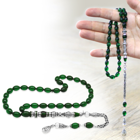 925 Ayar Gümüş Kral Püsküllü Nakkaş İmameli Zülfikar Tasarım Yeşil Ateş Kehribar Tesbih - Tesbihane