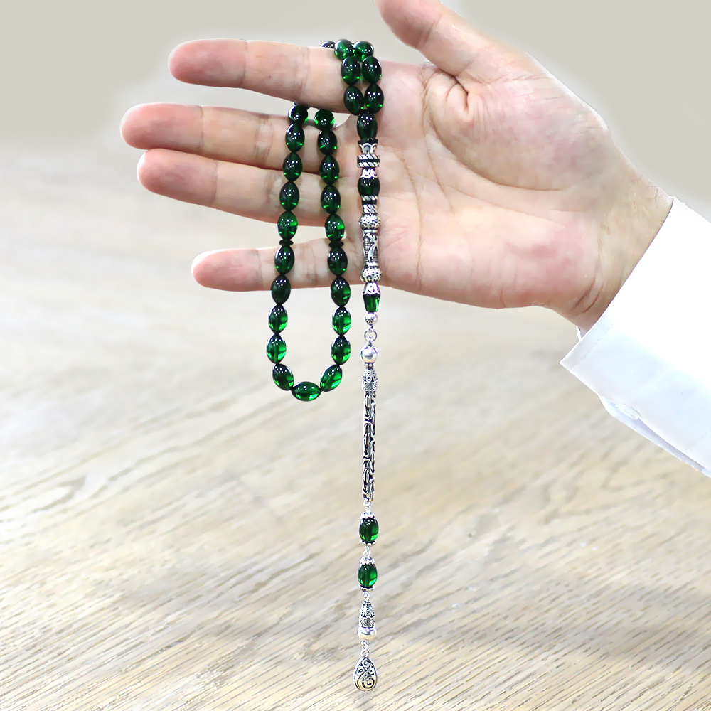 925 Ayar Gümüş Kral Püsküllü Nakkaş İmameli Zülfikar Tasarım Yeşil Ateş Kehribar Tesbih - 3