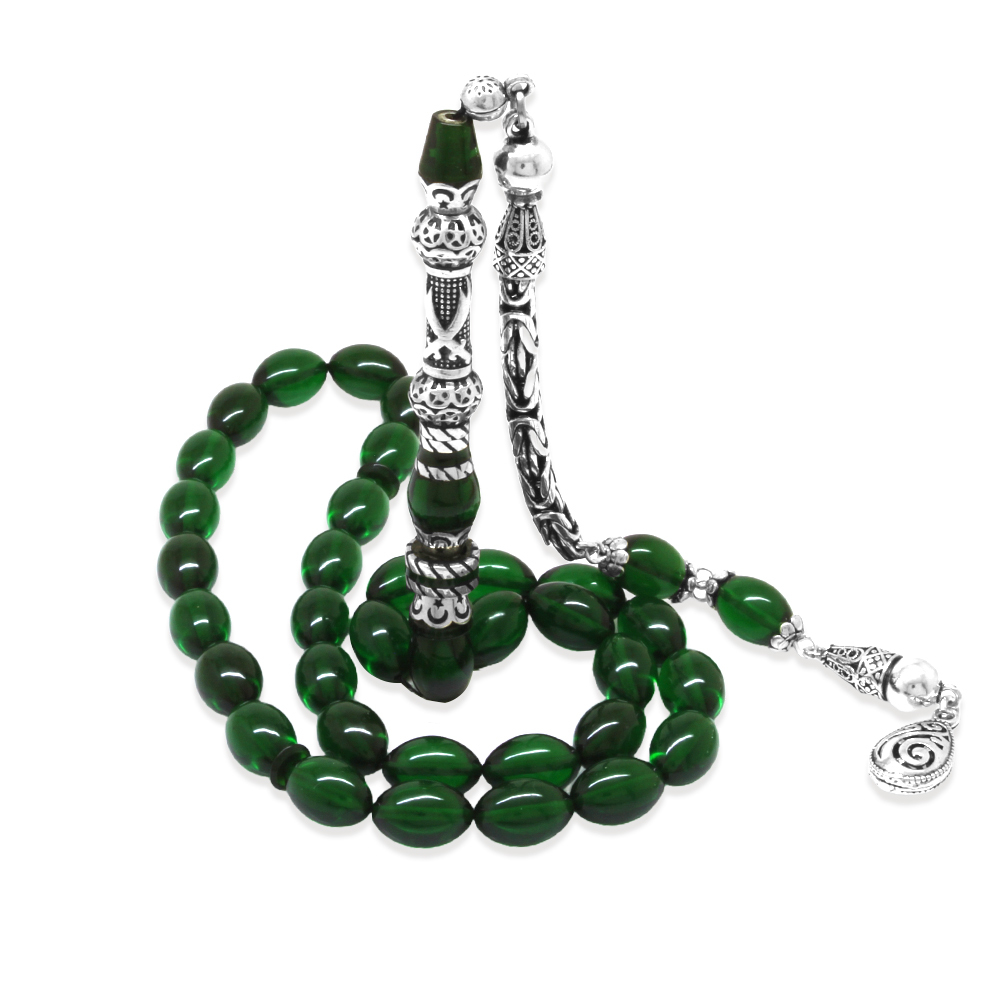 925 Ayar Gümüş Kral Püsküllü Nakkaş İmameli Zülfikar Tasarım Yeşil Ateş Kehribar Tesbih - 5