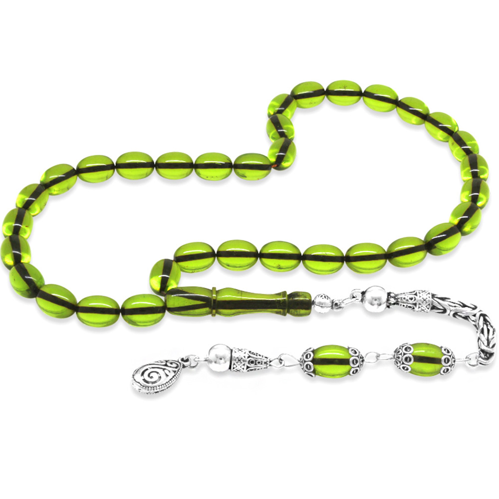 925 Ayar Gümüş Kral Püsküllü Özel Kesim Fıstık Yeşili Ateş Kehribar Tesbih - 1