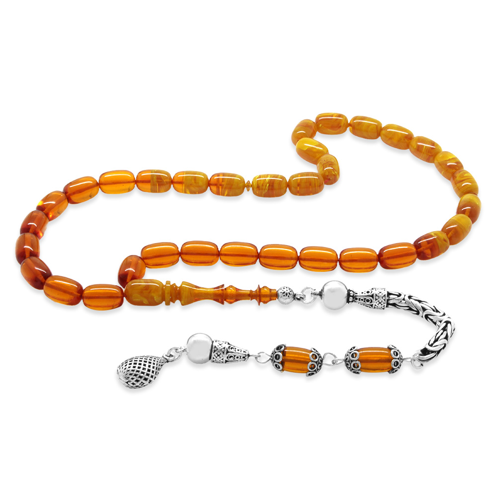 925 Ayar Gümüş Kral Püsküllü Özel Kesim Süzme Bal Beyaz Ateş Kehribar Tesbih - 1