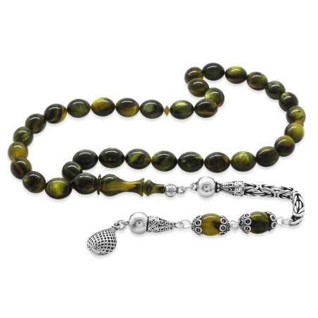 925 Ayar Gümüş Kral Püsküllü Özel Kesim Yeşil Siyah Sedefli Katalin Tesbih - Tesbihane