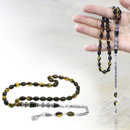 925 Ayar Gümüş Kral Püsküllü Gümüş Minare Nakkaş İmameli Sarı Siyah Ateş Kehribar Tesbih - Tesbihane