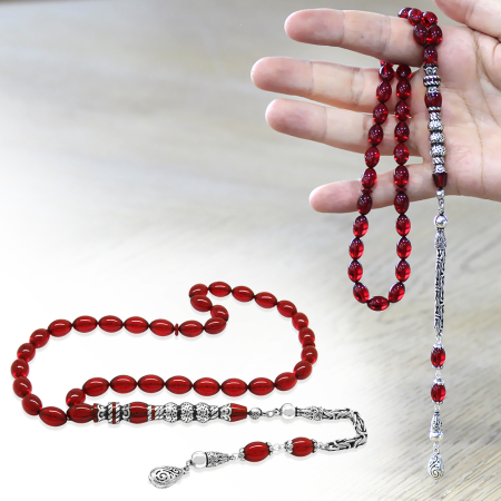 925 Ayar Gümüş Kral Püsküllü Gümüş Üç Şerefeli Nakkaş İmameli Bayrak Kırmızı Ateş Kehribar Tesbih - Tesbihane