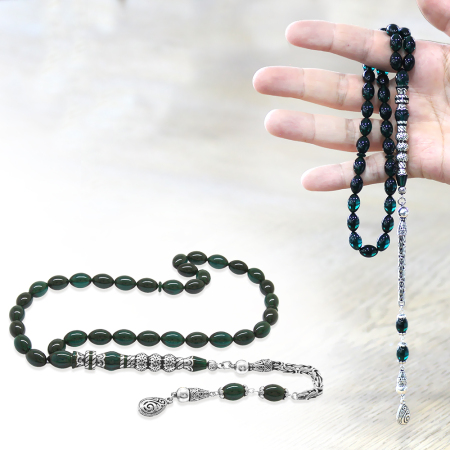 925 Ayar Gümüş Kral Püsküllü Gümüş Üç Şerefeli Nakkaş İmameli Turkuaz Ateş Kehribar Tesbih - Tesbihane