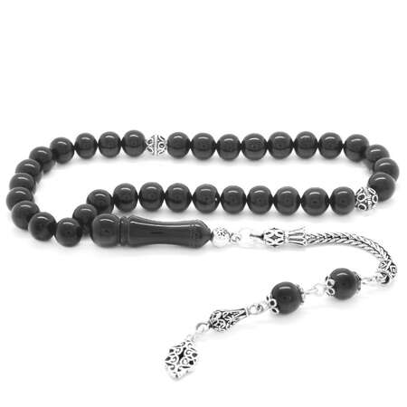 925 Ayar Gümüş Püsküllü Küre Kesim Sade Erzurum Oltu Taşı Tesbih - Tesbihane