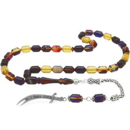 925 Ayar Gümüş Kral Püsküllü Uçlu Kapsül Kesim İsme Özel Yazılı Bonibon Ateş Kehribar Tesbih - Tesbihane