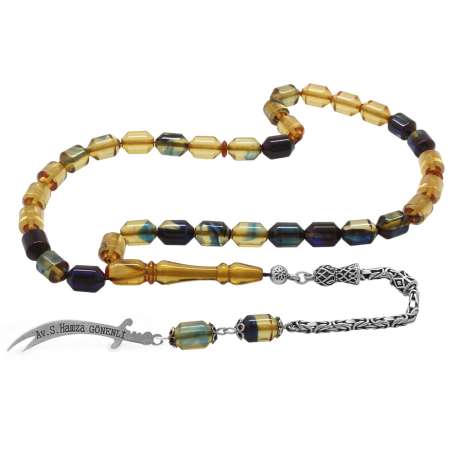 925 Ayar Gümüş Püsküllü Uçlu Kapsül Kesim İsme Özel Yazılı Mavi Beyaz Ateş Kehribar Tesbih - Tesbihane