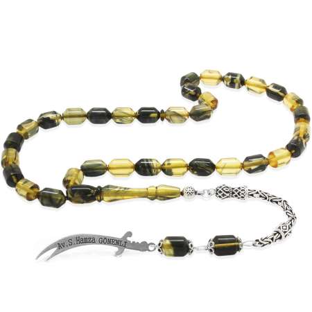 925 Ayar Gümüş Püsküllü Uçlu Kapsül Kesim İsme Özel Yazılı Siyah Beyaz Ateş Kehribar Tesbih - Tesbihane