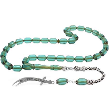 925 Ayar Gümüş Kral Püsküllü Uçlu Kapsül Kesim İsme Özel Yazılı Su Mavi Ateş Kehribar Tesbih - Tesbihane