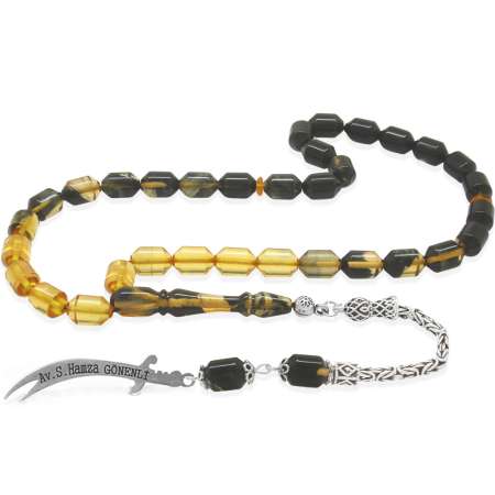 925 Ayar Gümüş Püsküllü Uçlu Kapsül Kesim İsim Yazılı Süzme Siyah Beyaz Ateş Kehribar Tesbih - Tesbihane