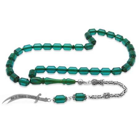 925 Ayar Gümüş Kral Püsküllü Uçlu Kapsül Kesim İsme Özel Yazılı Turkuaz Ateş Kehribar Tesbih - Tesbihane