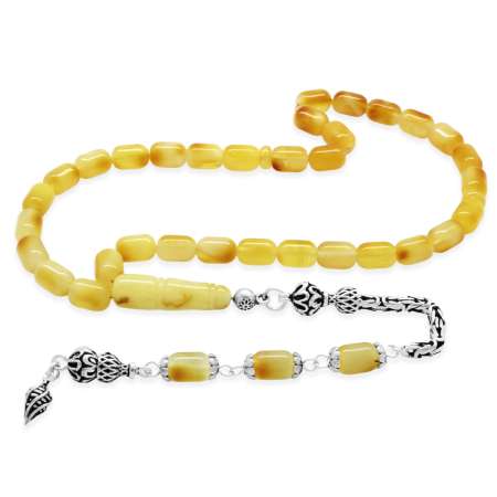 925 Ayar Gümüş Kral Çeşmi Bülbül Uç Püsküllü Kapsül Kesim Beyaz Renkli Patinli Damla Kehribar Tesbih - Tesbihane