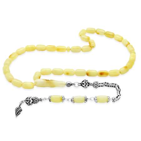 925 Ayar Gümüş Kral Çeşmi Bülbül Püskül Kapsül Kesim Beyaz Sarı Renkli Patinli Damla Kehribar Tesbih - Tesbihane