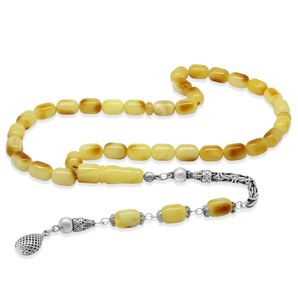 925 Ayar Gümüş Kral Püsküllü Kapsül Kesim Sarı Beyaz Renk Patinli Doğal Damla Kehribar Tesbih - 1