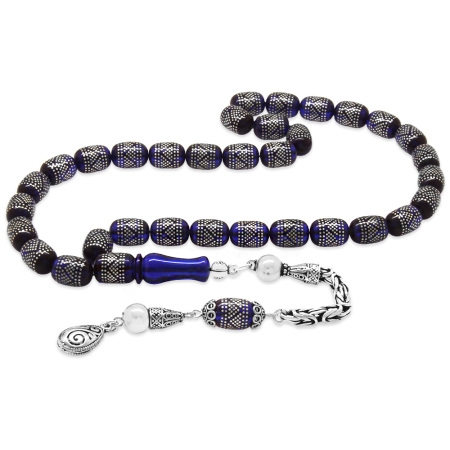 925 Ayar Gümüş Kral Püsküllü 7700 Gümüş Piramit Çakım Koleksiyonluk Lacivert Sıkma Kehribar Tesbih - Tesbihane