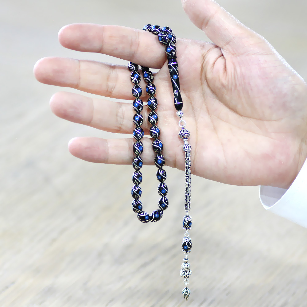 925 Ayar Gümüş Kral Zincir Püsküllü Arpa Kesim Gümüş Firuze İşlemeli Erzurum Oltu Taşı Tesbih - 3
