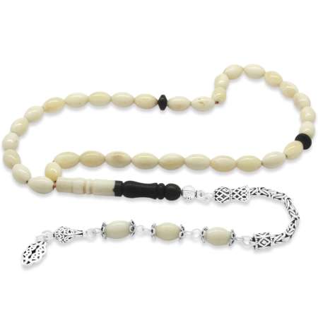 925 Ayar Gümüş Kral Zincir Püsküllü Arpa Kesim Abanoz Kombinasyonlu Naturel Deve Kemiği Tesbih - Tesbihane